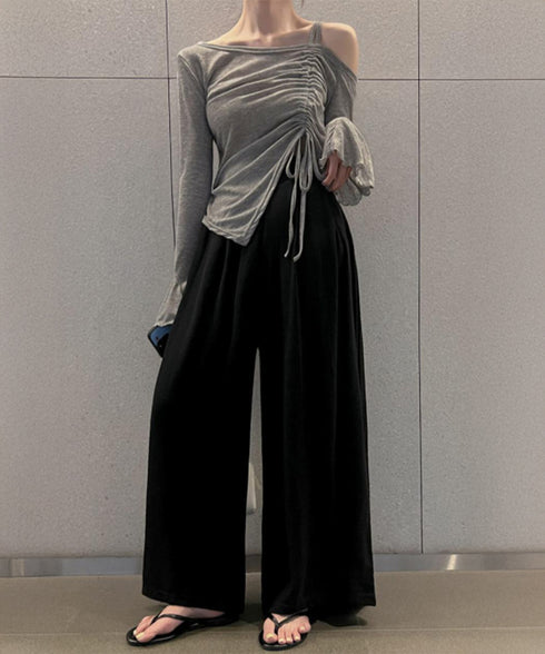 ワンオフショルダーTシャツギャザー 長袖 肩出しドロストtシャツ レディース リボンタイトTシャツ肩あき セクシートップス お洒落 アンバランスヘムtシャツ 薄手 90CHENXINI-021